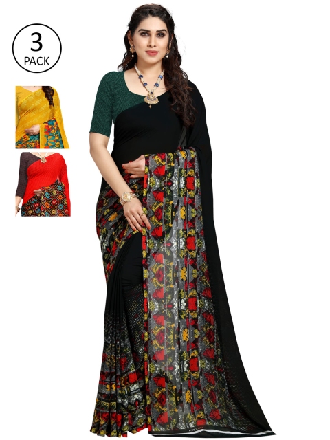 

KALINI Pack of 3 Poly Georgette Sarees, Red