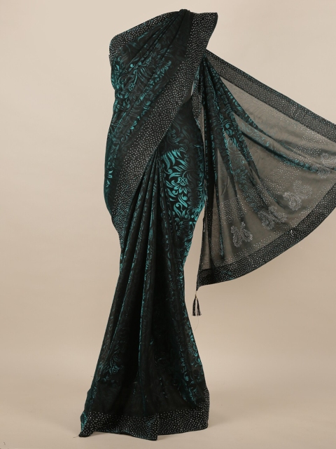 

Pothys Sea Green & Black Embellished Beads and Stones Jute Silk Saree