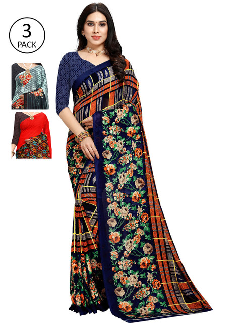 

KALINI Pack of 3 Poly Georgette Sarees, Green