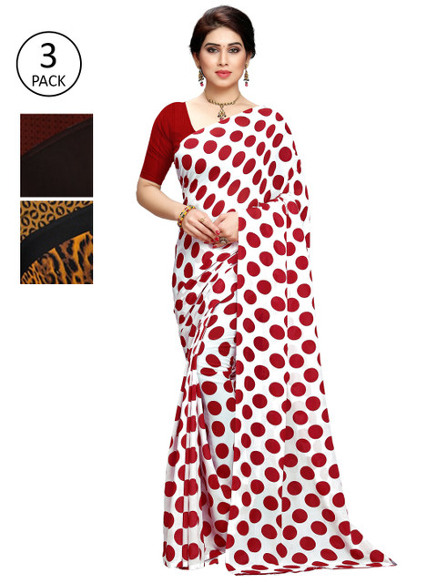 

KALINI Pack of 3 Printed Poly Georgette Sarees, Red