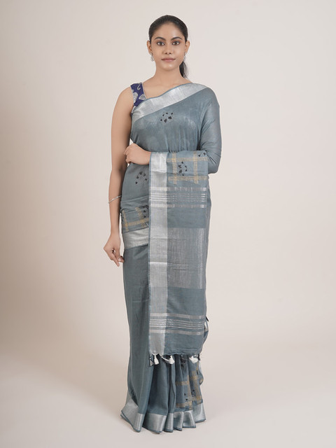 

Pothys Grey & Silver-Toned Floral Linen Blend Saree