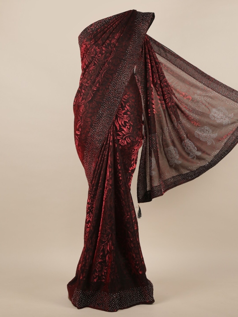 

Pothys Maroon & Silver-Toned Embellished Beads and Stones Jute Silk Saree