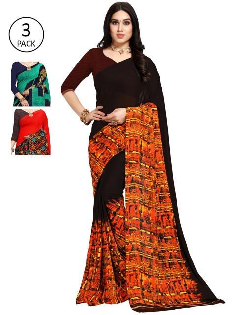

KALINI Women Pack of 3 Multicolor Poly Georgette Printed Saree, Orange