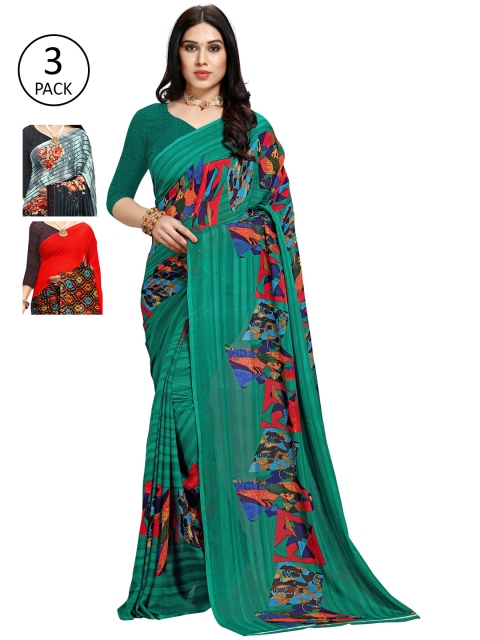 

KALINI Women Pack of 3 Multicolor Poly Georgette Printed Saree, Red