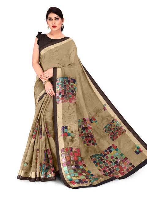 

KALINI Beige & Brown Block Print Polycotton Saree
