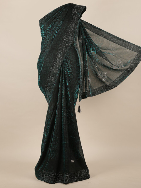 

Pothys Black & Green Woven Design Beads and Stones Jute Silk Saree