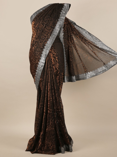 

Pothys Brown & Black Floral Beads and Stones Jute Silk Saree