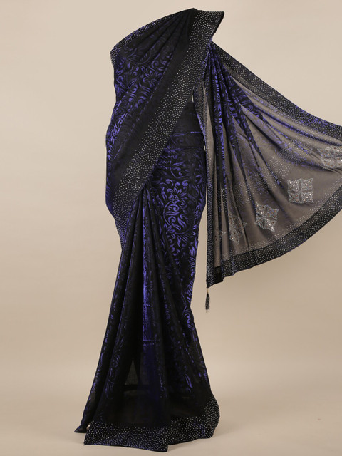 

Pothys Blue & Silver-Toned Embellished Beads and Stones Jute Silk Saree