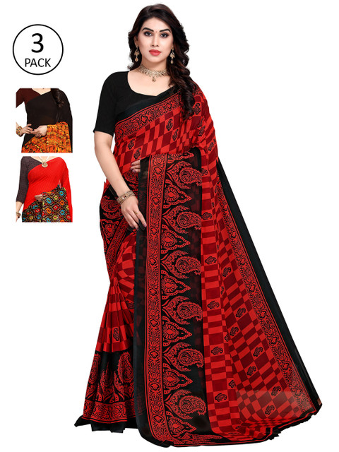 

KALINI Pack of 3 Printed Poly Geogrette Sarees, Red