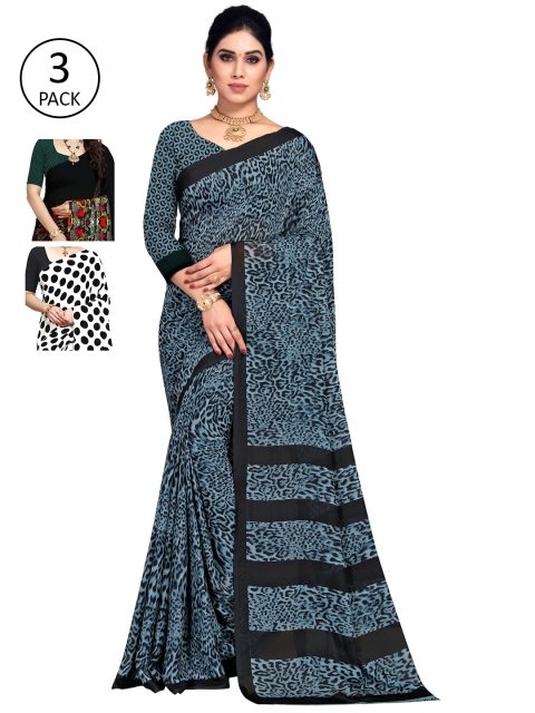 

KALINI Set of 3 Blue, White & Black Printed Sarees