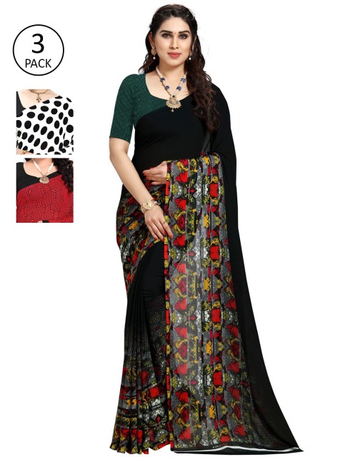 

KALINI Pack Of 3 Multicoloured Printed Sarees, Black