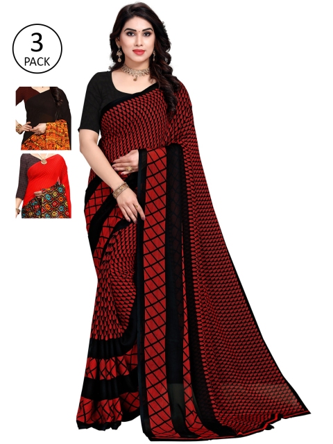 

KALINI Pack Of 3 Printed Poly Georgette Sarees, Red