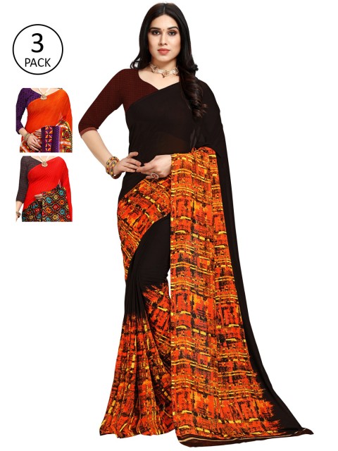 

KALINI Pack of 3 Poly Georgette Sarees, Red