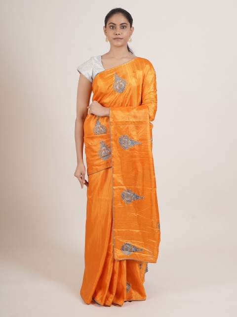 

Pothys Orange & Grey Ethnic Motifs Embroidered Art Silk Saree