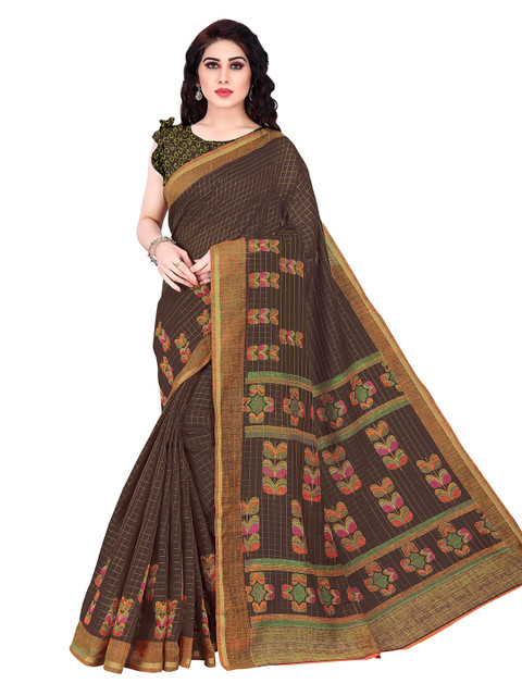 

KALINI Brown & Pink Checked Zari Saree