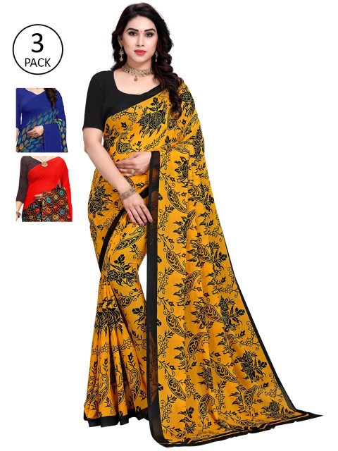 

KALINI Pack of 3 Poly Georgette Sarees, Red