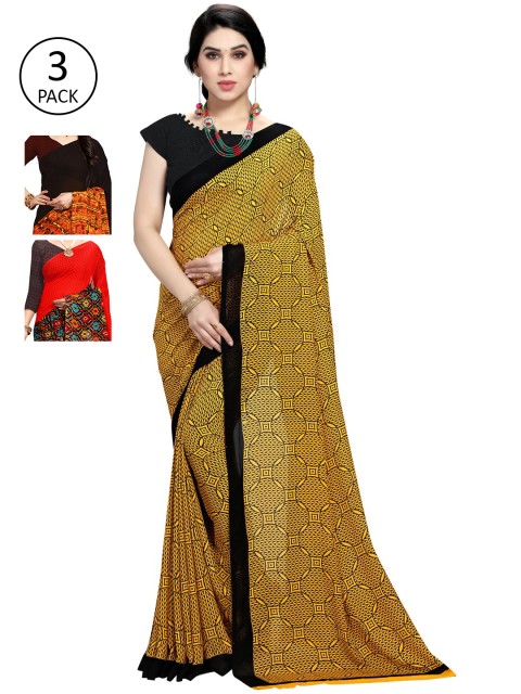 

KALINI Pack of 3 Poly Georgette Saree, Yellow