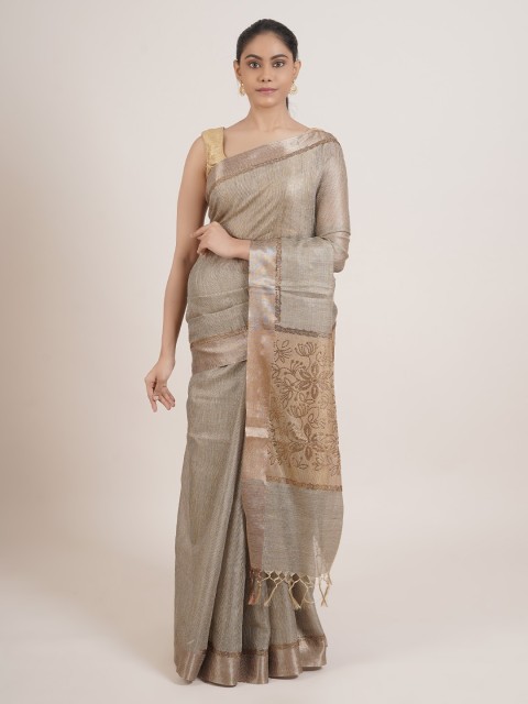 

Pothys Grey & Gold-Toned Floral Sequinned Tissue Saree