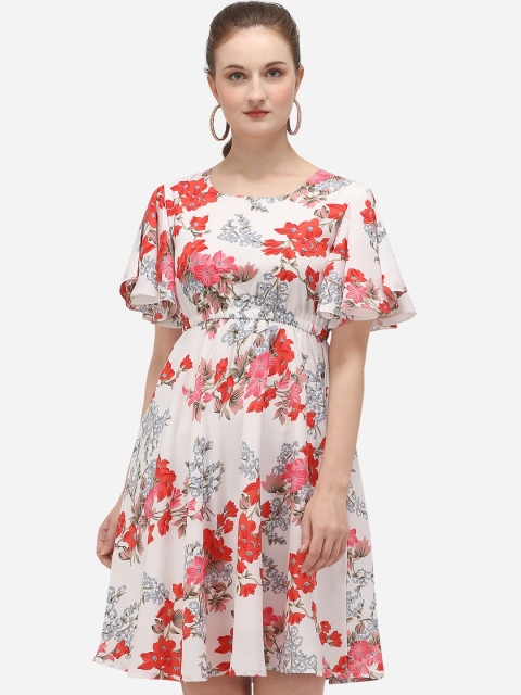 

Fbella White & Red Floral Printed Crepe Skater Dress