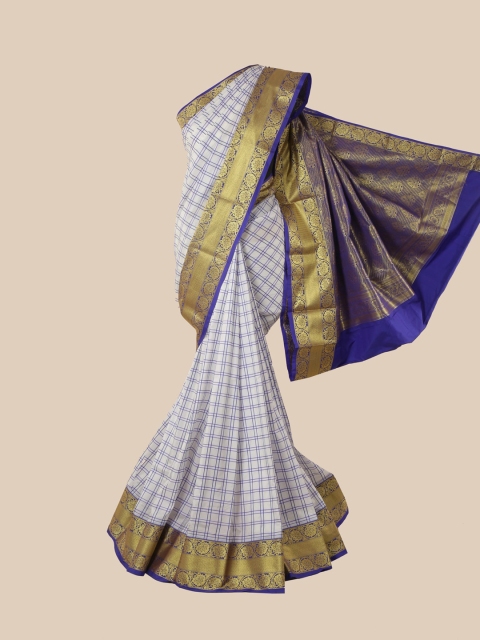 

Pothys White & Blue Checked Zari Pure Silk Kanjeevaram Saree