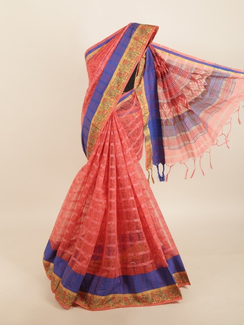 

Pothys Pink & Blue Ethnic Motifs Hand Printed Saree