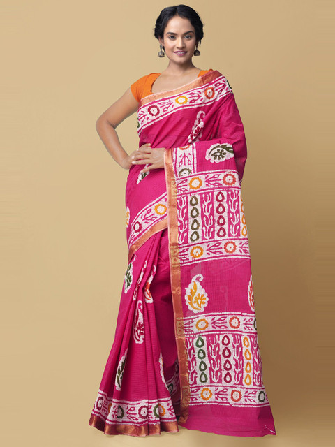 

Unnati Silks Pink & White Ethnic Motifs Pure Cotton Block Print Sustainable Saree