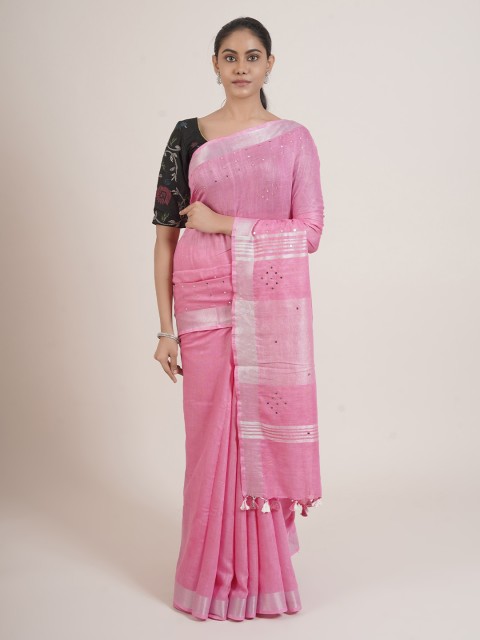 

Pothys Pink & Silver-Toned Mirror Work Linen Blend Saree