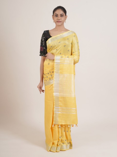 

Pothys Yellow & Grey Floral Embroidered Linen Blend Saree