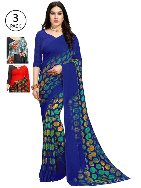 

KALINI Blue & Red Pack of 3 Printed Sarees