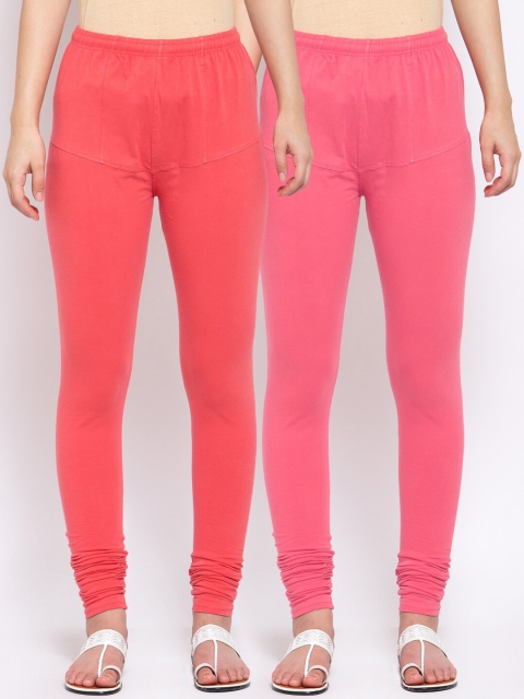 

KLOTTHE Women Pack of 2 Solid Cotton Churidar-Length Leggings, Peach