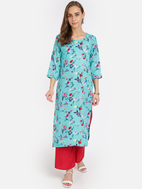 

SAADHVI Women Blue Floral Printed Straight Kurta