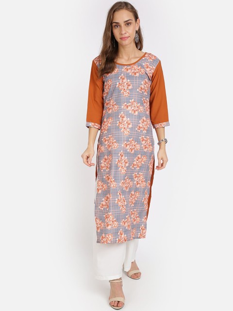 

SAADHVI Women Grey & Orange Floral Printed Crepe Kurta