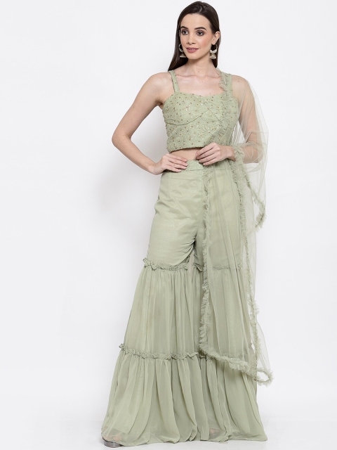 

KHALOM Women Green Embroidered Sleeveless Crop Top With Sharara & Dupatta