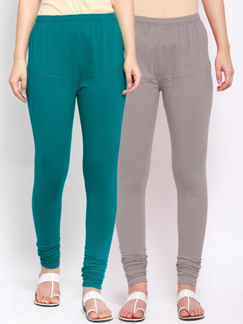 

KLOTTHE Women Pack Of 2 Teal & Grey Cotton Churidar-Length Leggings