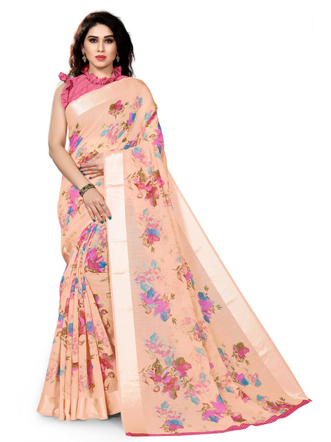 

KALINI Peach-Coloured & Blue Floral Printed Saree