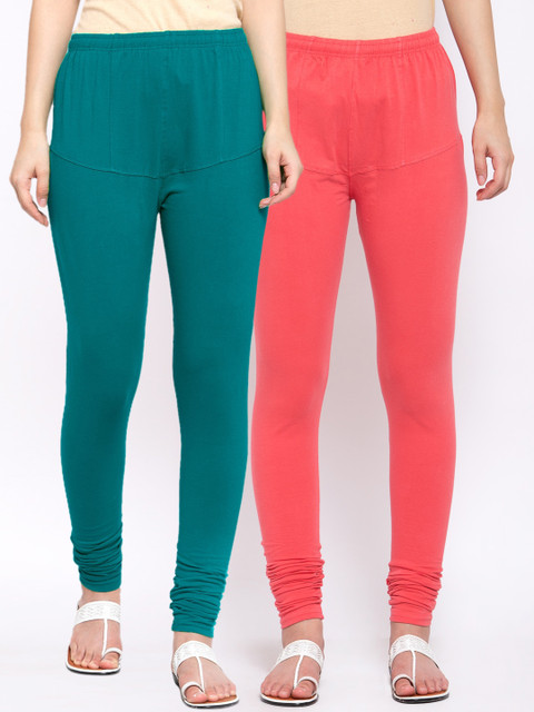 

KLOTTHE Women Pack of 2 Solid Cotton Churidar-Length Leggings, Peach