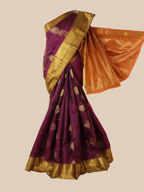 

Pothys Purple & Orange Ethnic Motifs Zari Pure Silk Saree