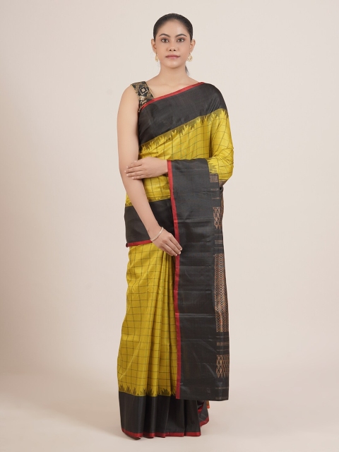 

Pothys Yellow & Black Checked Pure Silk Gadwal Saree