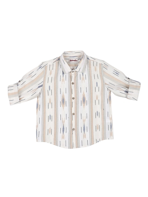 

Fabindia Boys Off-White & Beige Striped & Ikat Print Cotton Shirt