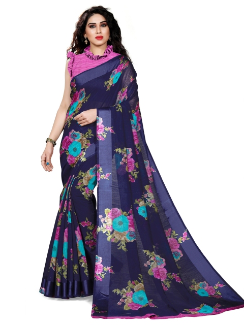 

KALINI Navy Blue & Pink Floral Bagh Saree