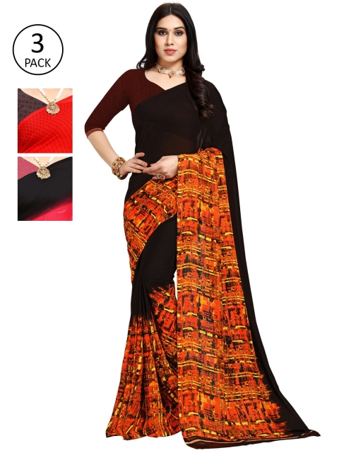 

KALINI Women Pack of 3 Multicolor Poly Georgette Printed Saree, Red