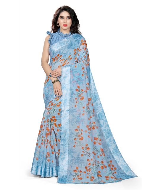 

KALINI Blue & Orange Floral Bagh Saree
