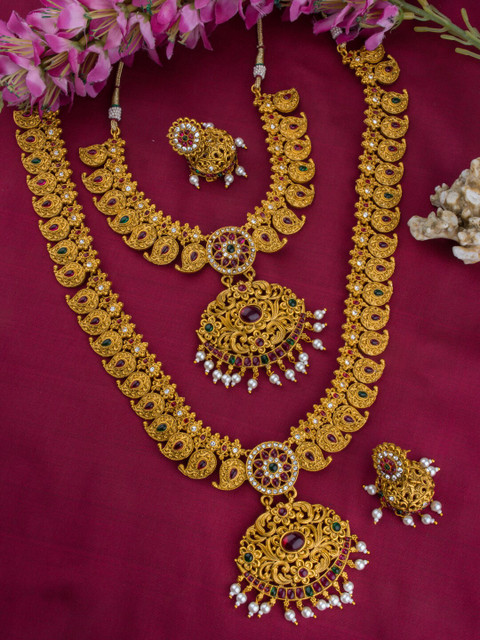 

Alankruthi Gold-Toned Pink Artificial Stones & Beads-Studded Mango Motifs Jewellery Set
