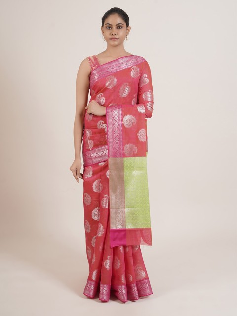 

Pothys Pink & Silver-Toned Woven Design Saree
