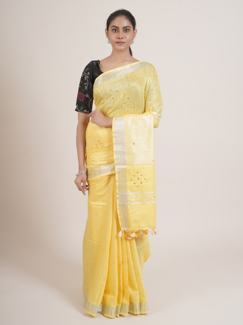 

Pothys Yellow & Silver-Toned Embellished Mirror Work Linen Blend Saree
