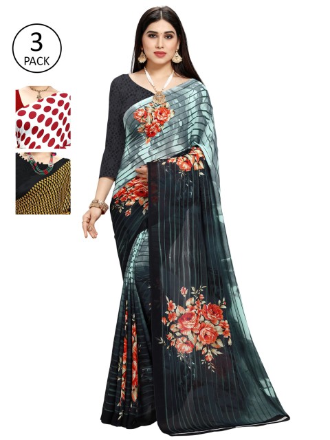 

KALINI Pack of 3 Poly Georgette Sarees, White