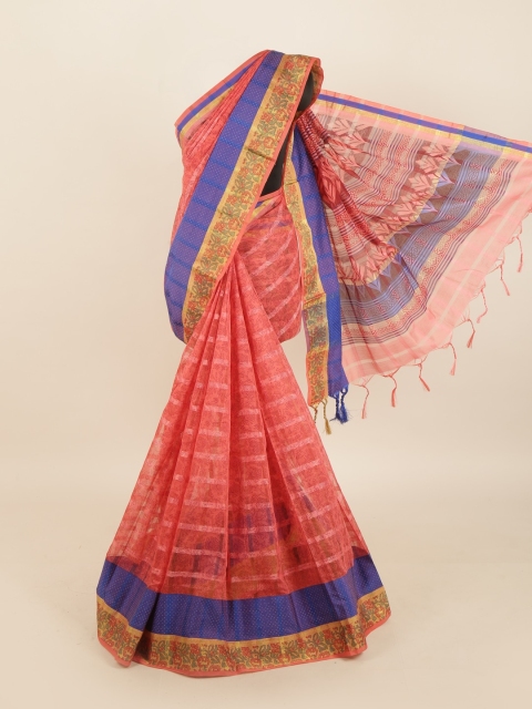 

Pothys Peach-Coloured & Off White Striped Saree with Printed Detail