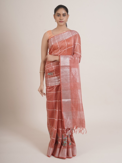 

Pothys Peach-Coloured & Silver-Toned Checked Zari Saree