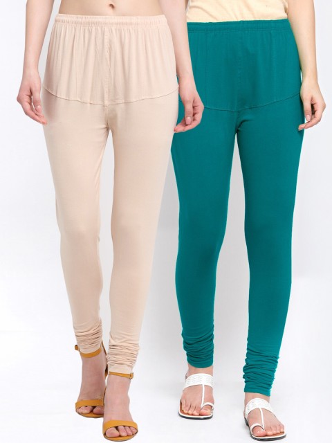 

KLOTTHE Women Pack of 2 Solid Cotton Churidar-Length Leggings, Teal