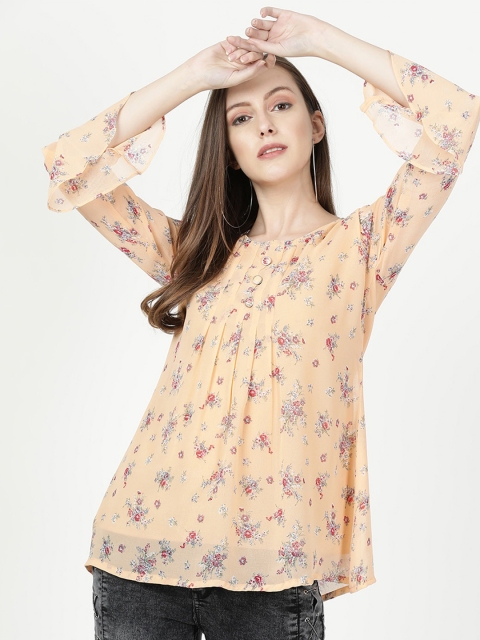 

V2 Value & Variety Peach-Coloured Floral Bell Sleeve Styled Back Top